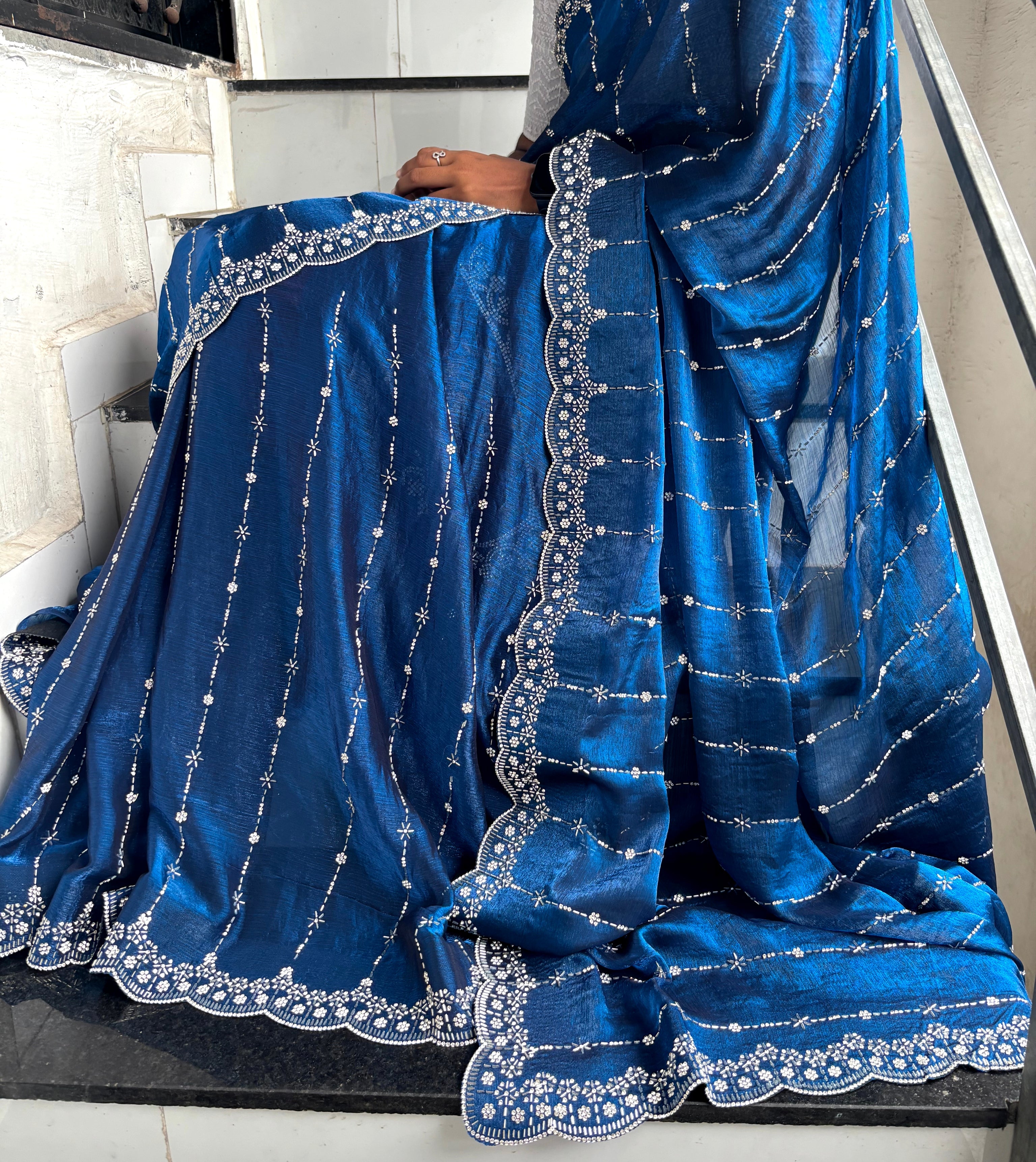 Peach Zarkan Diamond Work Silk Fancy Fabric Saree