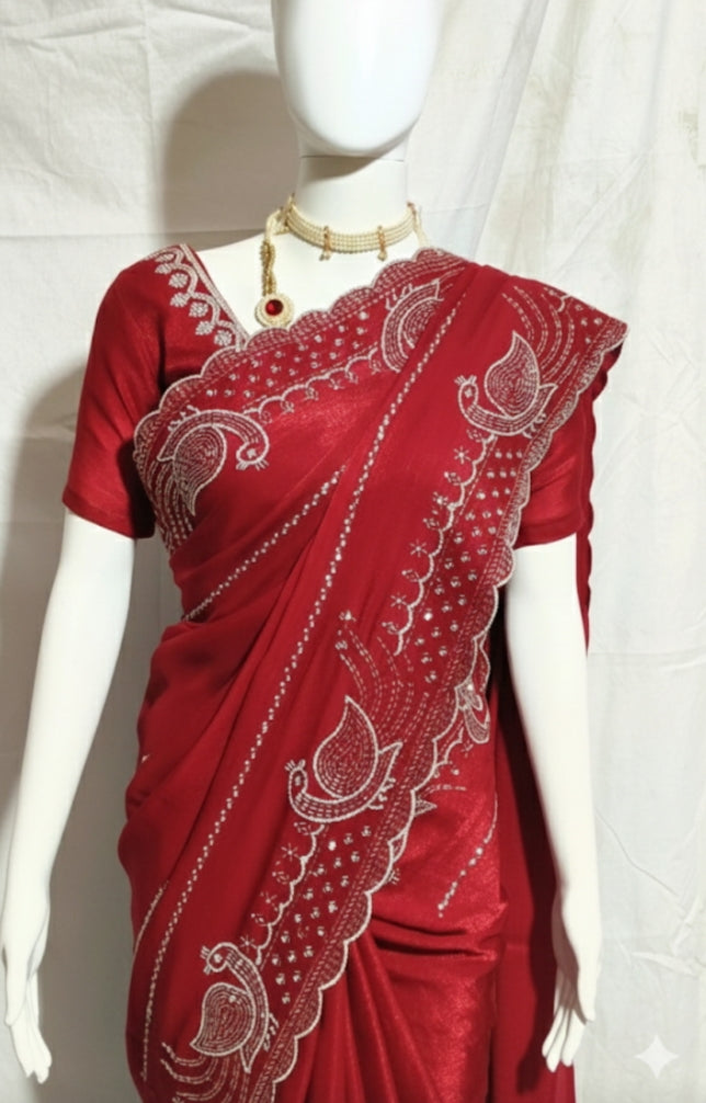 Beautiful Heavy Zarkan Diamond Work Saree